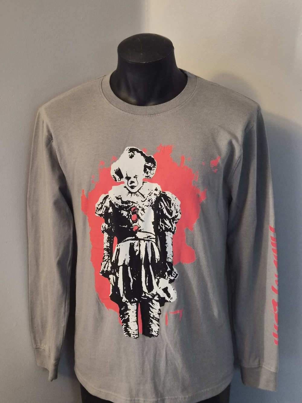 Pennywise IT Chapter 2 Horror Graphic Long Sleeve T-Shirt Grey Red Men's Medium
